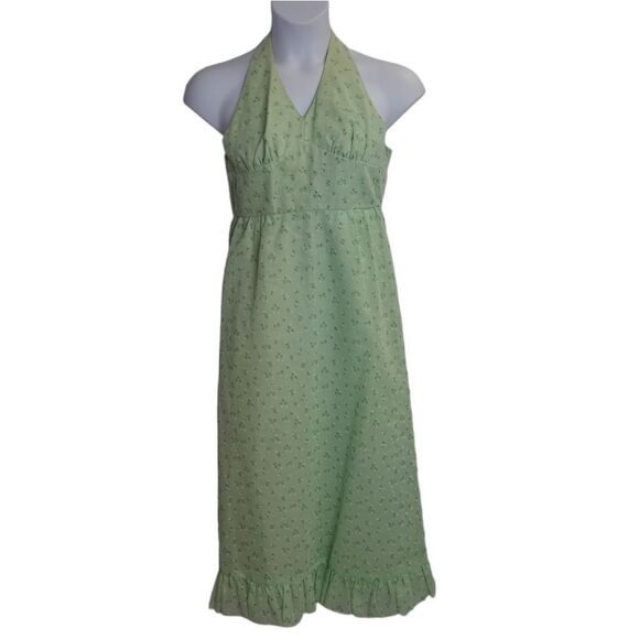 Vintage Dresses & Skirts - VINTAGE 70s sage‎ green tiny floral hippie boho ruffle halter maxi dress XS